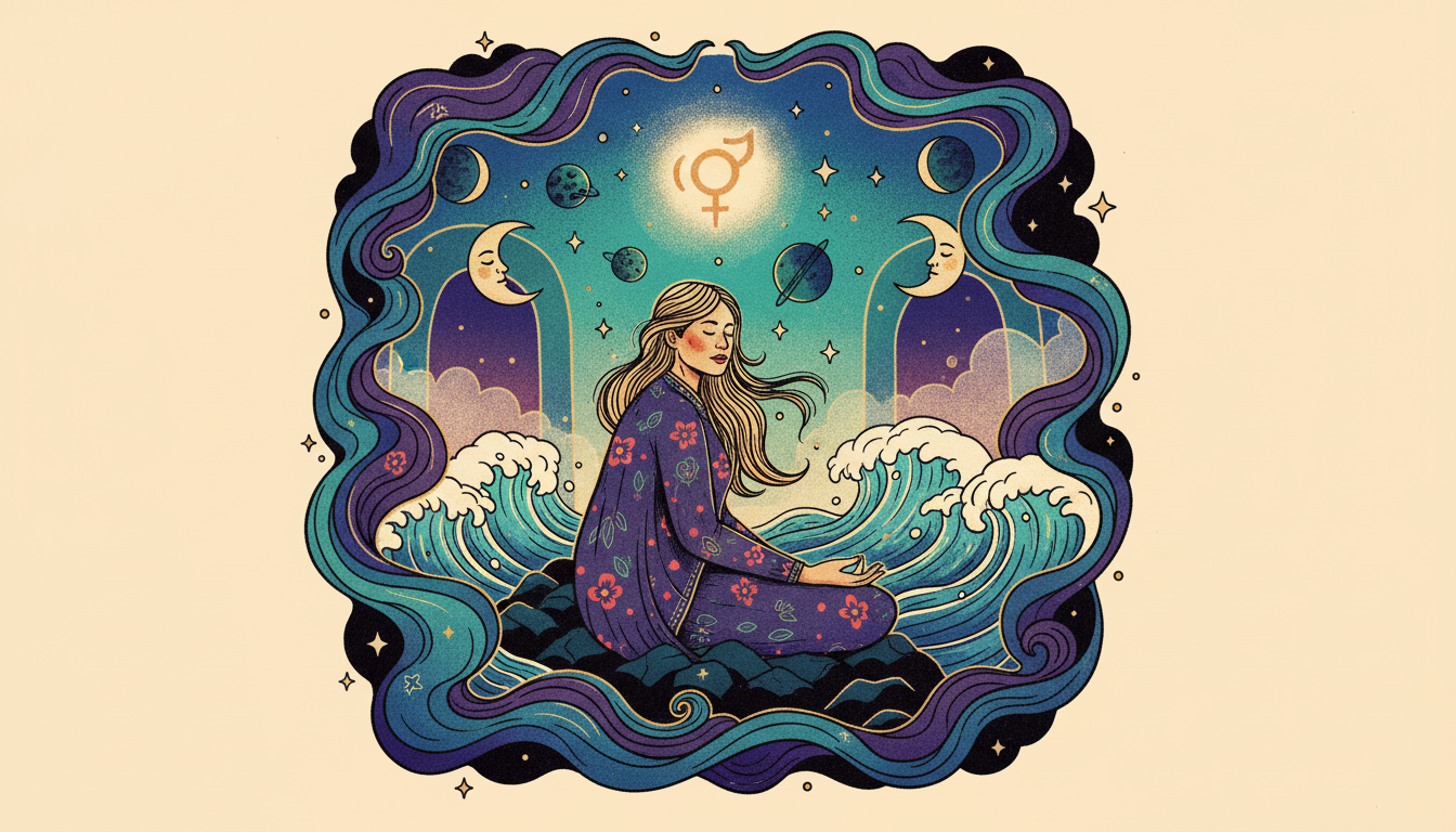 Mars symbol emerging in a dreamy 12th-house scene with waves, clouds, and a cloaked figure