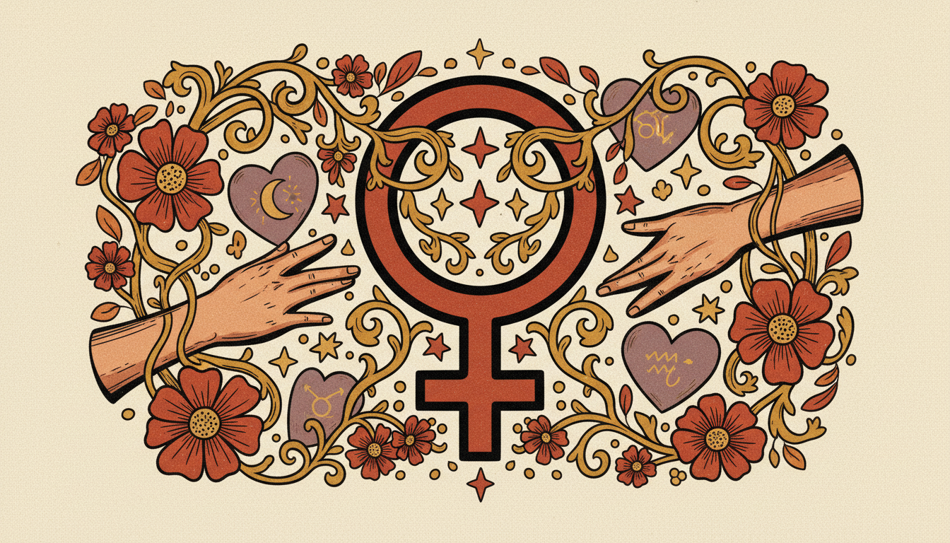 Two figures in cosmic space sharing a moment of connection, with Venus symbol glowing between them