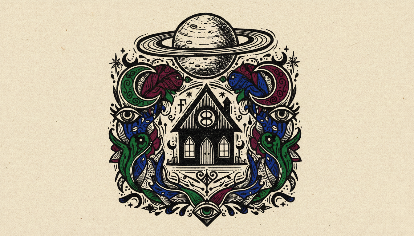 Dark cosmic gateway with Saturn's rings visible, symbolizing transformation, death, and rebirth