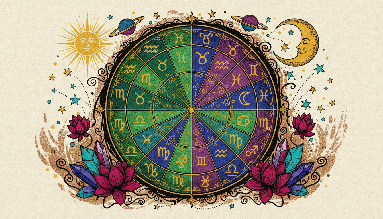 Detailed astrology chart wheel surrounded by celestial elements