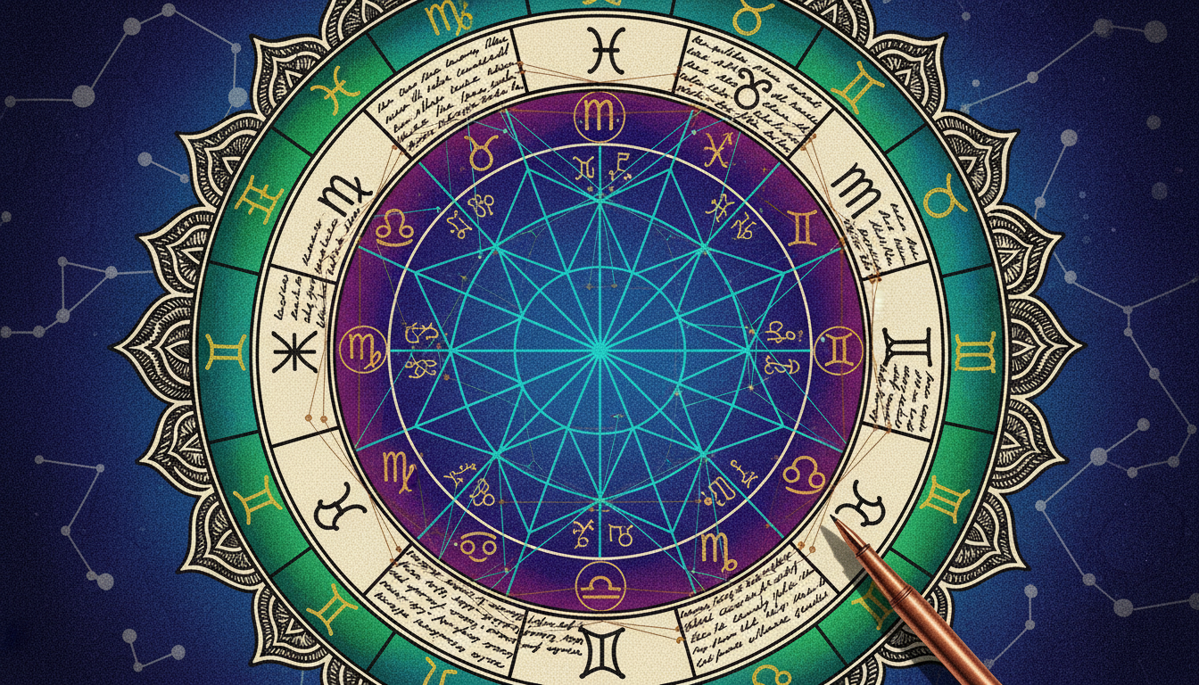 Astrologer interpreting complex birth chart with planetary aspects