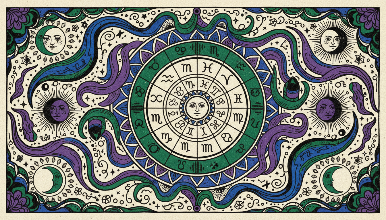 Detailed astrology chart interpretation guide showing zodiac wheel, planetary positions, and symbolic annotations