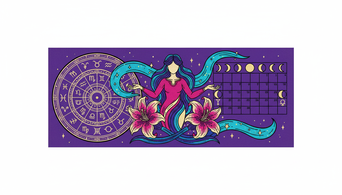 Birth chart wheel on left, horoscope calendar on right, connected by flowing stars and lines