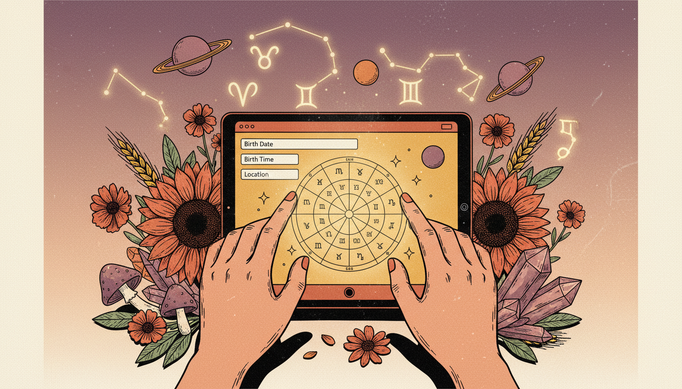 Modern birth chart calculator interface showing planetary positions and zodiac wheel