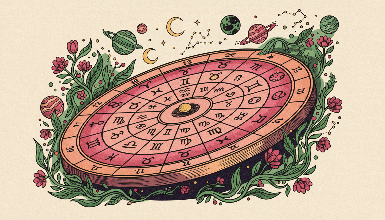 Celestial birth chart wheel displayed against a starry cosmic background with zodiac symbols and planetary positions