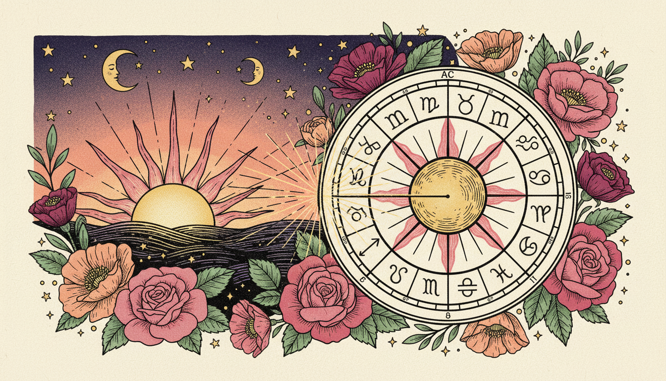 Birth chart wheel highlighting the ascendant line and rising sign position