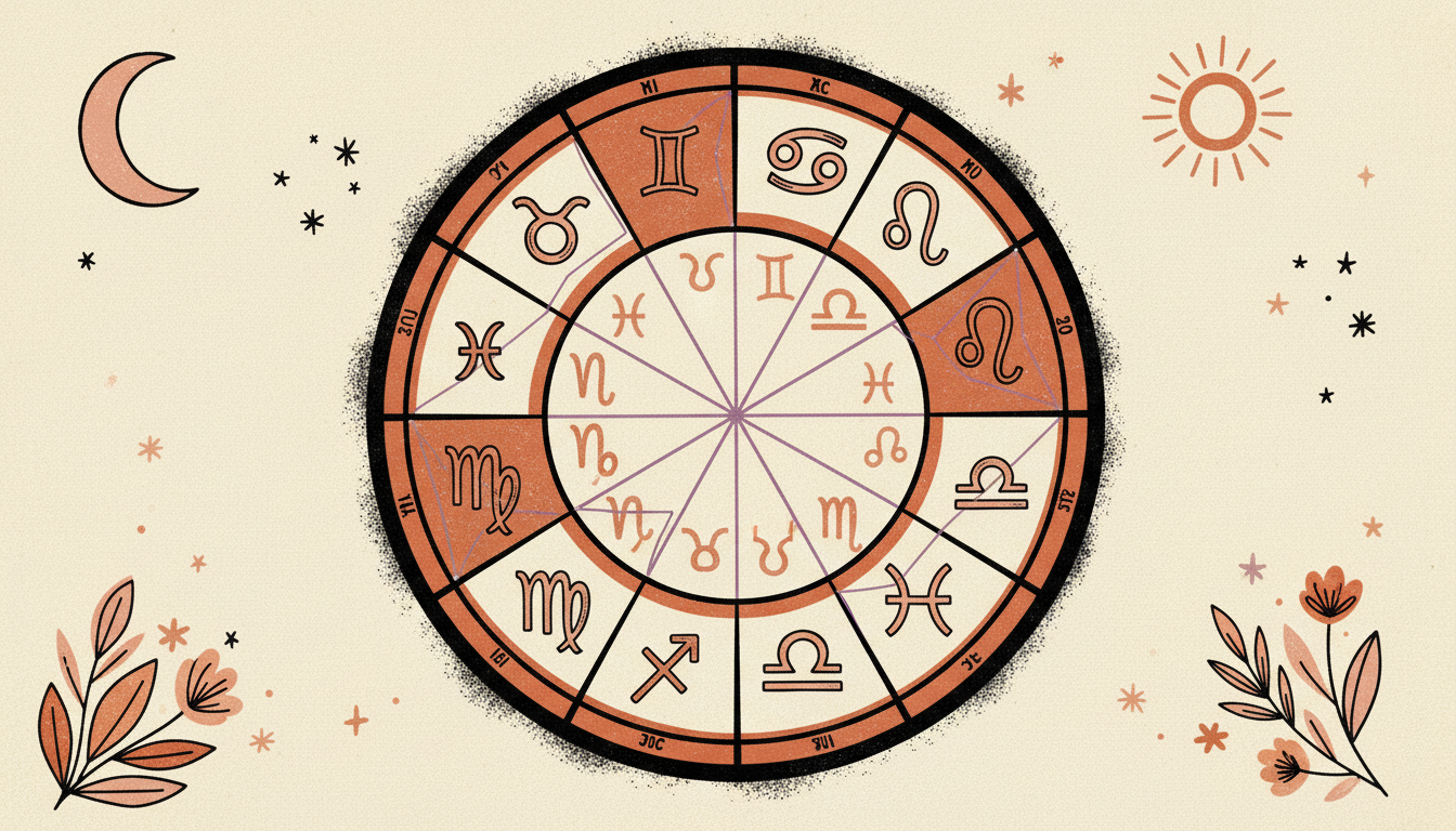 Beginner-friendly birth chart wheel with labeled sections showing planets, signs, and houses