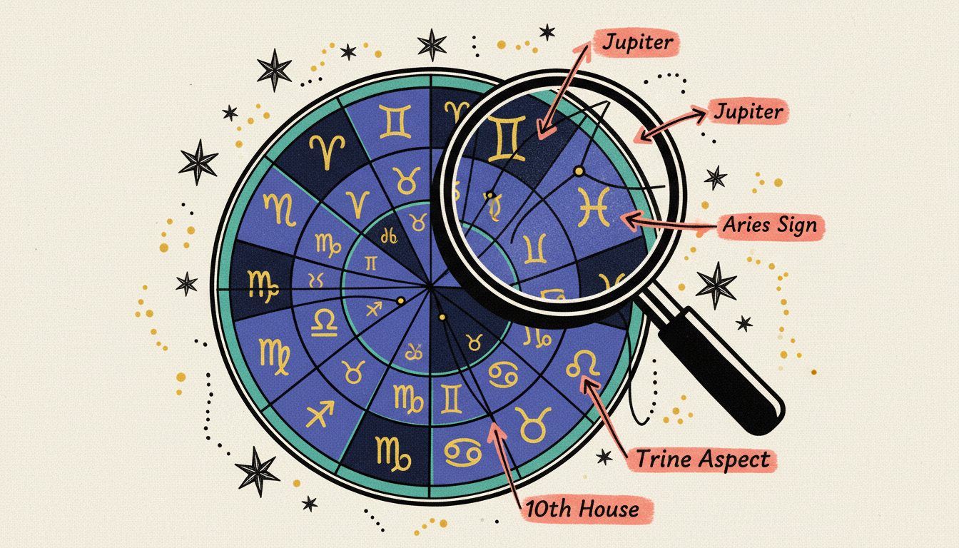 Annotated natal chart with guide showing how to read each component