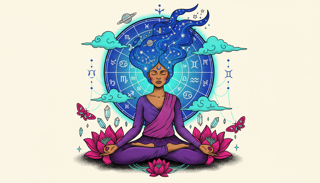 A colorful natal birth chart wheel showing planets, zodiac signs, and house divisions with geometric lines