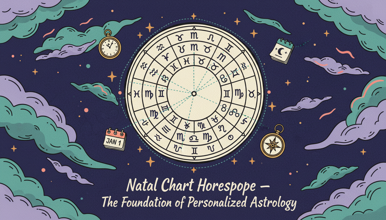 Natal chart wheel with horoscope symbols showing planetary positions and zodiac signs
